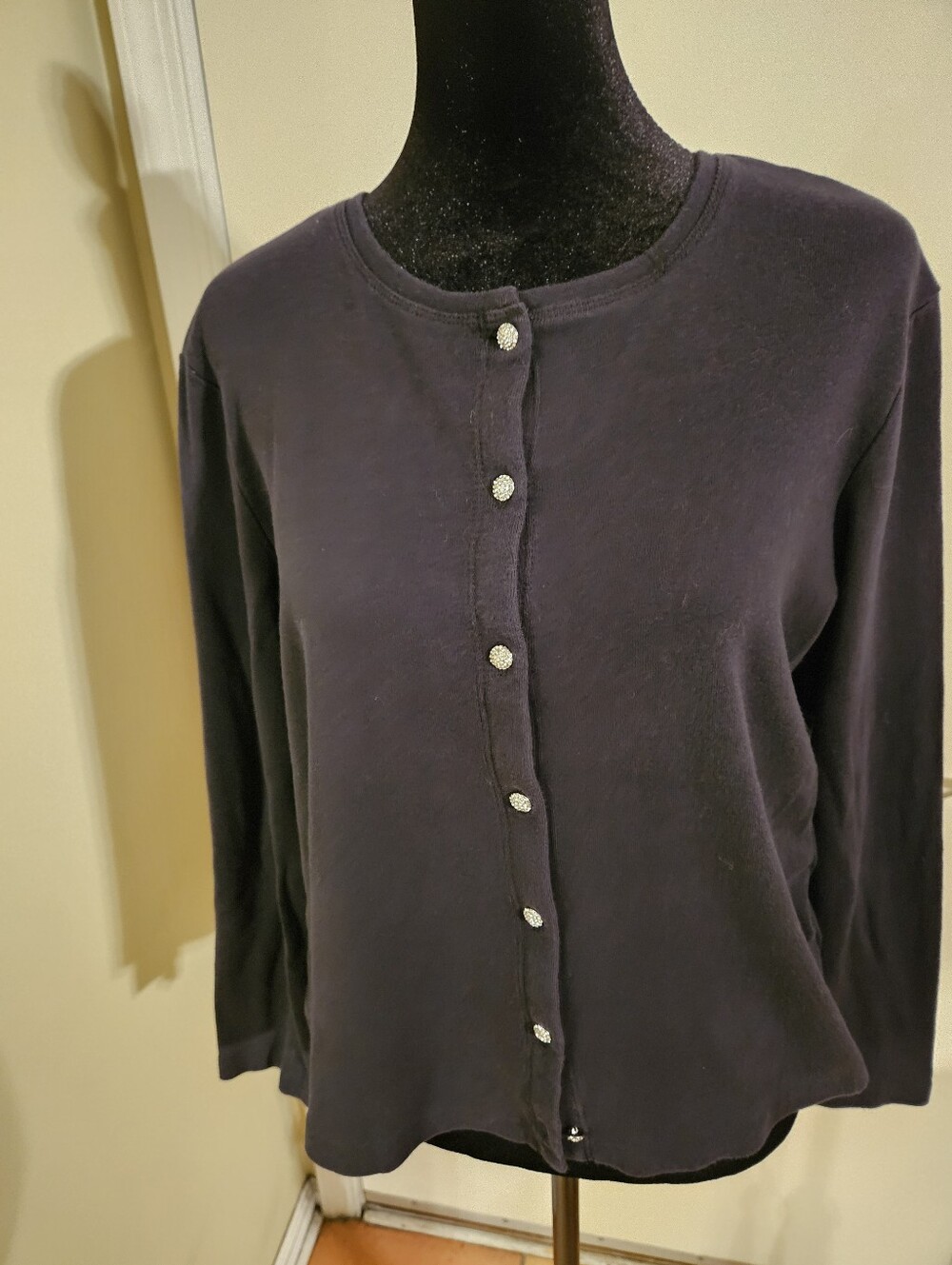 Talbots Navy Blue Pima Cotton Rhinestone Button Cardigan Sweater M